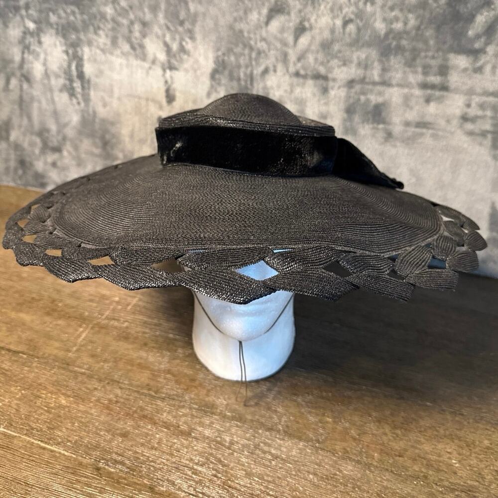 VTG 1940s 1950s Suzy Lee California Black Wide Brim Straw Cartwheel Picture Hat